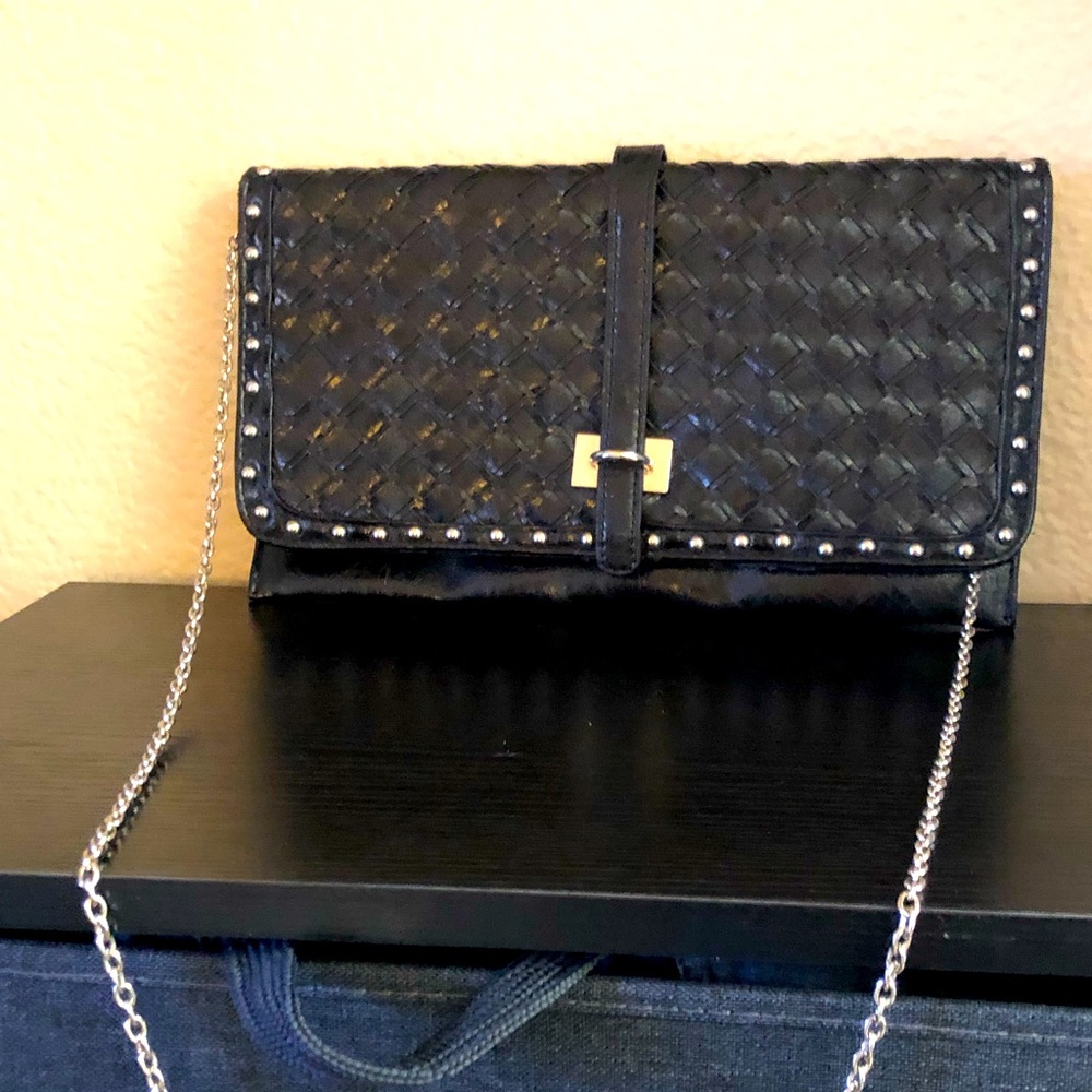 Black edgy evening bag. Long shoulder strap. Fun and casual!